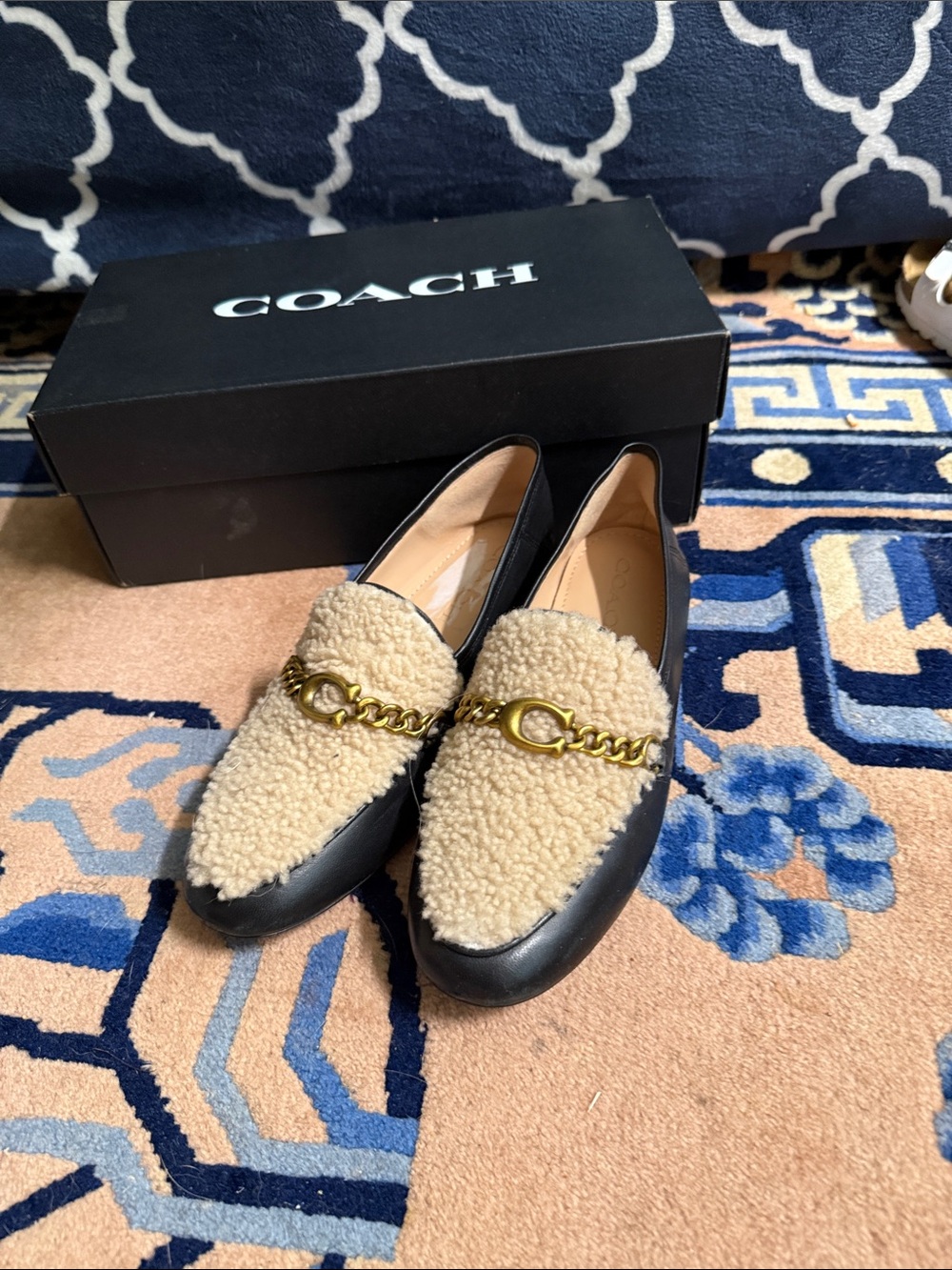 Coach Black Leather Loafers with Cream Shearling and Gold Chain Detail, Helena